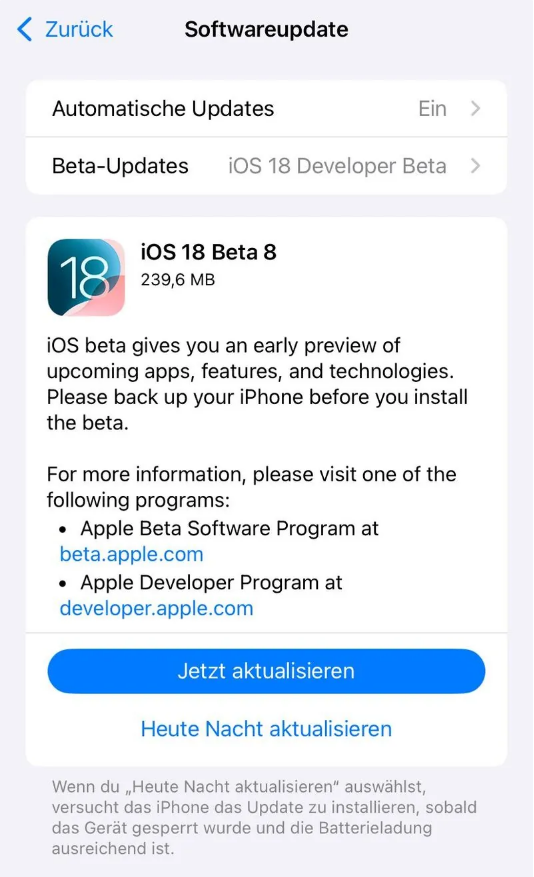 达尔罕茂明安联合苹果手机维修分享苹果 iOS / iPadOS 18 开发者预览版 Beta 8 发布 